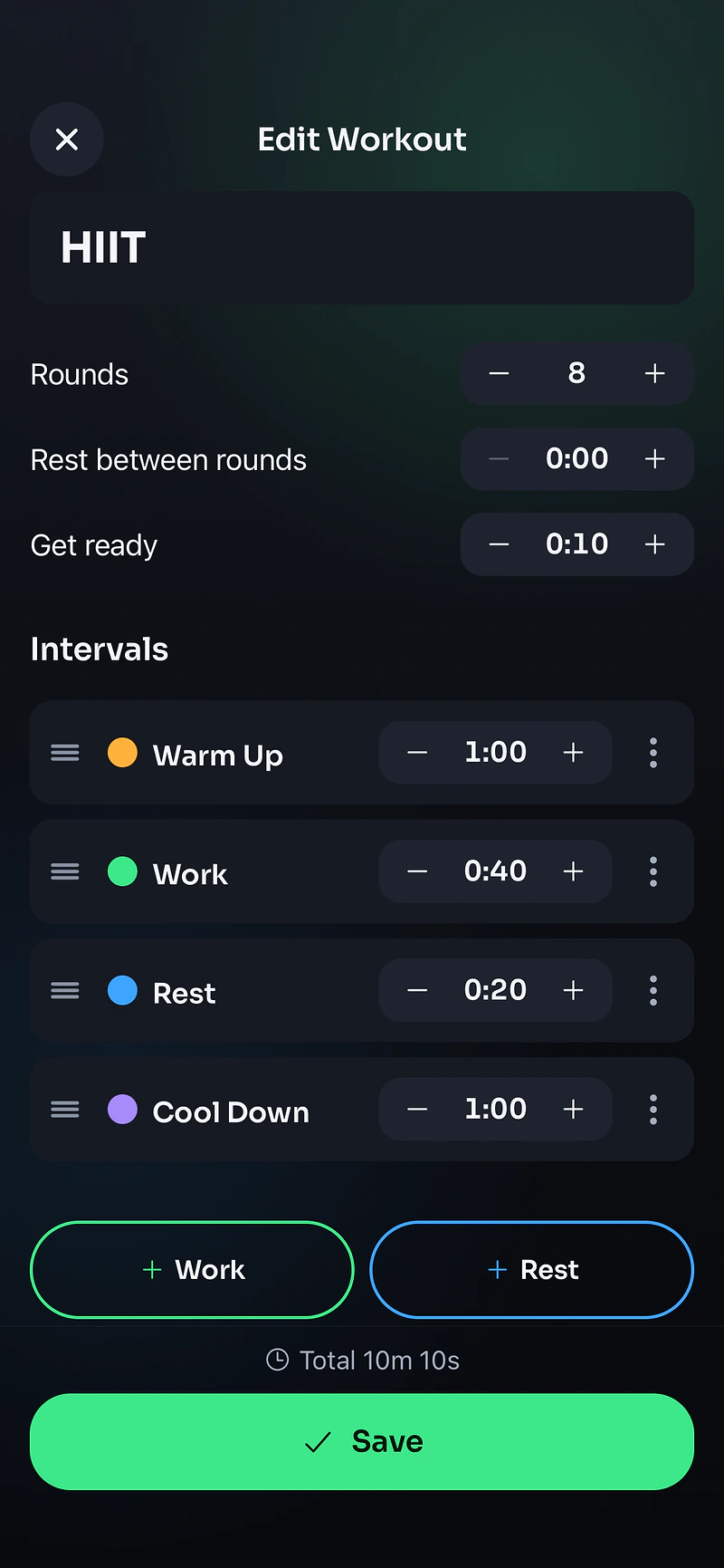 The Ntervals editor: warm-up, work, rest and cool-down intervals you can adjust