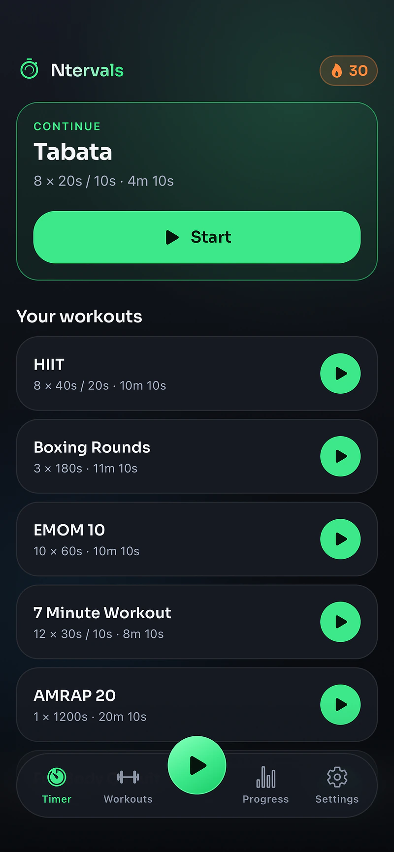 The Ntervals home screen with Tabata, HIIT, boxing and EMOM workouts ready to start