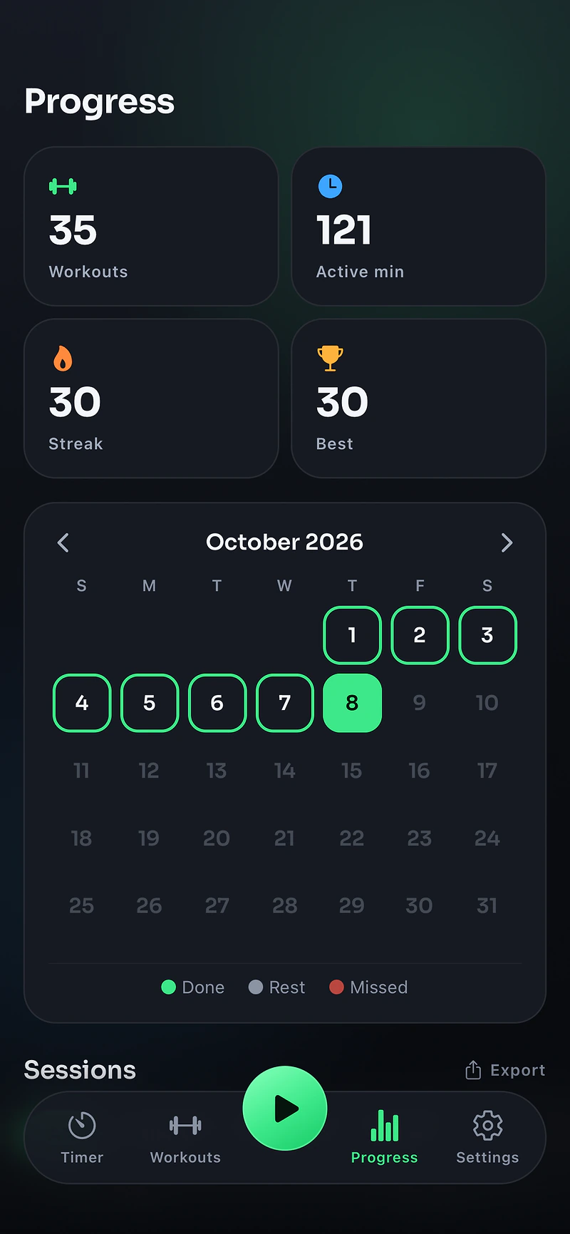 Ntervals statistics and a calendar of completed workouts