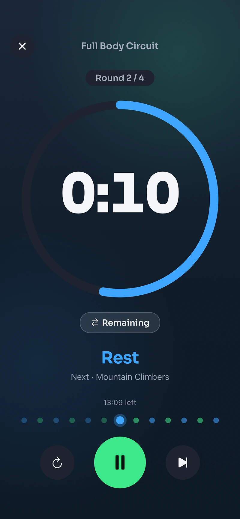 Ntervals during a rest interval: a blue 10-second countdown, round 2 of 4