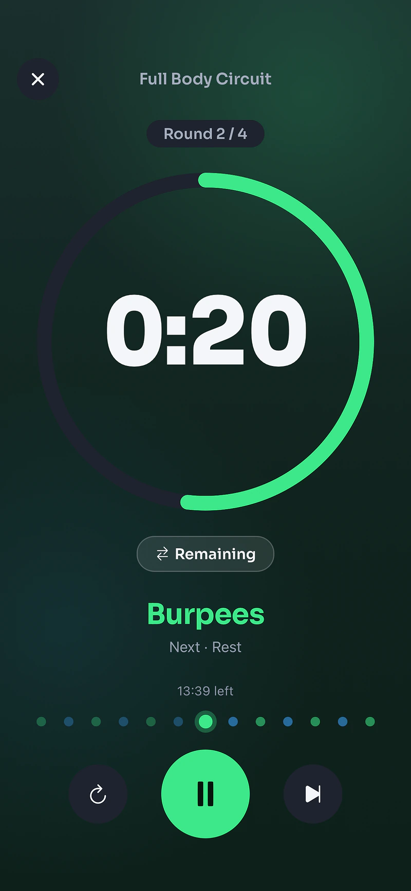 Ntervals during a work interval: 20 seconds of burpees, round 2 of 4